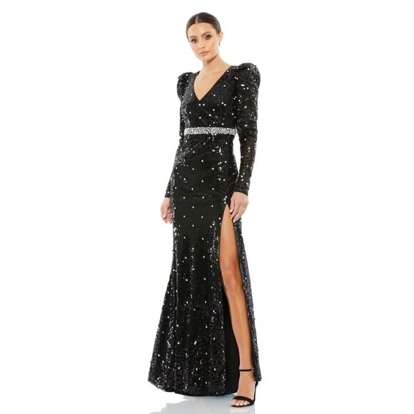 Mac Duggal Sequined Faux Wrap Puff Sleeve Trumpet Black Gown 8 #8507 - Picture 1 of 8